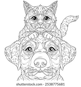 Cat sitting on a dog.Coloring book antistress for children and adults. Illustration isolated on white background. Hand draw