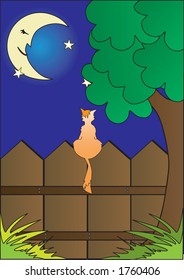 Cat sitting on the fence at night-vector