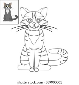 Cat sitting on floor coloring page. Cartoon character. Domestic animal. Flat vector stock illustration