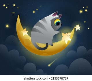 Cat sitting on golden moon and shiny stars sleeping, nighttime background with clouds stars and a crescent. Cute kitten and the moon lullaby wallpaper. Vector illustration for children and kids.