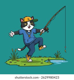 Cat sitting on grass fishing, tiny fish, tranquil scene