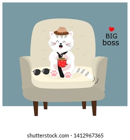Cat sitting on a grey armchair vector illustration. Cute cartoon character.