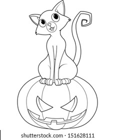 Cat Sitting On Halloween Pumpkin Coloring Page