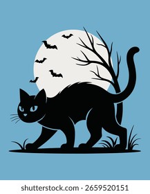 Un gato sentado en una colina frente a una luna llena con un fondo de Halloween