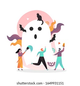 Cat sitting on huge ghost, flying bats and happy male and female characters, vector illustration. Happy Halloween concept for web banner, website page etc.