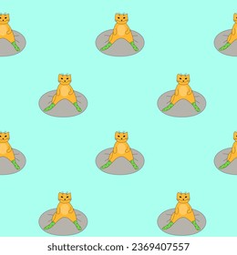 The cat is sitting on the mat, doing sports, yoga, and physical exercise. Cheerful character, animal. Vector seamless pattern. Background illustration, decorative design for fabric or paper. 