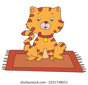 Cat sitting on mat isolated on a white background