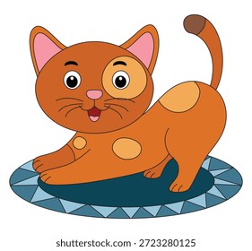 El gato está sentado en la estera sonriendo