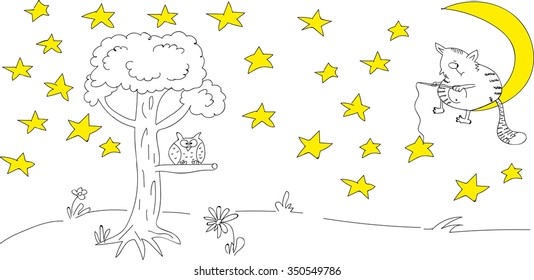 cat sitting on the moon and catches the bait of the stars at the bottom of the tree with the owl, yellow month and yellow stars, the picture on a transparent background