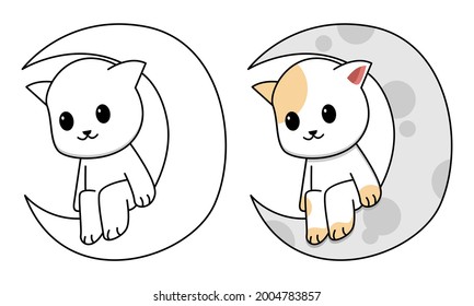 cat sitting on the moon coloring page for kids