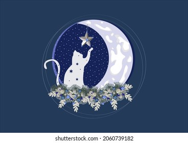 A cat sitting on a moon and fir branches is playing with a Christmas toy against the background of the starry sky. Vector illustration postcard.