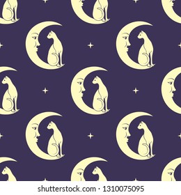 Cat sitting on moon. Night sky seamless pattern background. Cute magic, occult design. Vector illustration.
