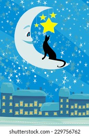 cat sitting on the moon in the night sky