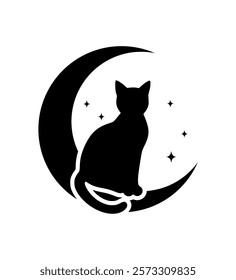 Cat sitting on moon stencil design, tattoo stencil, wall stencil, cake stencil 