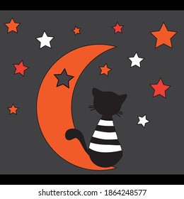 Cat sitting on the moon surrounded stars vector illustration