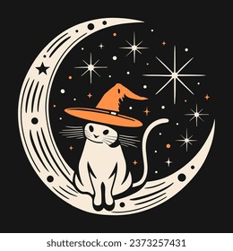 Gato sentado en la luna con sombrero de bruja. Ilustración de gatito picante. Estética del blanco negro y naranja y de la brujería. Vector minimalista de Halloween para productos imprimibles.