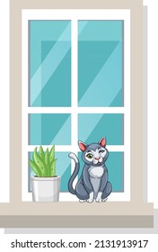 A cat sitting on narrow window  illustration