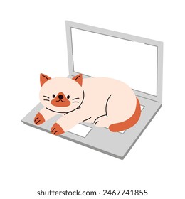 Cat sitting on notebook, playful kitten. Flat cartoon style vector illustration isolated on white background