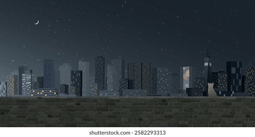 A cat sitting on old brick wall looking at the night view of skyscraper graphic illustration have blank space.