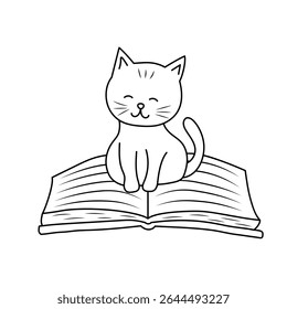 Cat sitting on open book. Doodle line vector illustration.