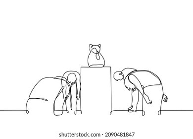 cat sitting on pedestal licking its paw and people bowing to him - one line drawing vector. cat lovers club concept, cat supremacy, cats as gods, domestic cat deification 