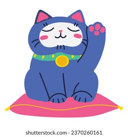 Cat is sitting on a pillow. Blue kitten raised his paw. Japanese symbol of wealth. Flat vector illustration, eps10