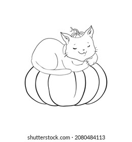El gato está sentado en la calabaza aislada en blanco. Ilustración vectorial. Perfecto para colorear libro, tarjeta de saludo, imprimir.