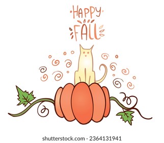 Cat is sitting on the pumpkin isolated on white. Autumn, Halloween. Vector illustration. Perfect for banner, greeting card, print.