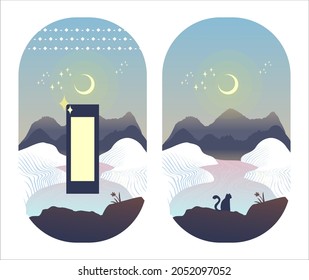 A cat sitting on the rocky of a mountain landscape with stream in the night under half moon night with stars and a night sky. Vector illustration. 