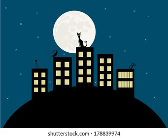 Cat sitting on a roof and looking, vector