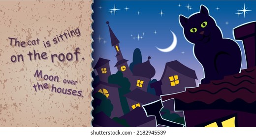 Cat is sitting on the roof, Moon is shining in the sky, Lights are on in the houses, Flat style, Sunset over the cartoon city, Vector illustration