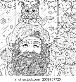 Cat sitting on Santa Claus's head.Coloring book antistress for children and adults. Illustration isolated on white background. Hand draw