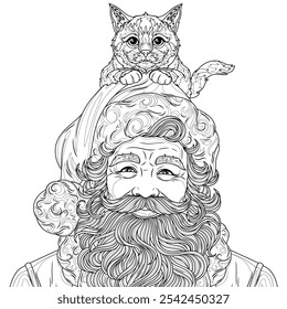 Cat sitting on Santa Claus's head.Coloring book antistress for children and adults. Illustration isolated on white background. Hand draw