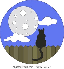 The cat sitting on the slats looks at the moon - Shutterstock ID 2365853077