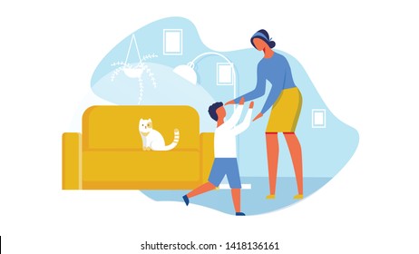 Un gato sentado en un Sofá en la sala de estar Ilustración vectorial plana. Miembros de la familia que comunican. Hijo y madre abrazándose. Llevando a un niño a las manos. Interior de la habitación con luz brillante y fotos en la pared.