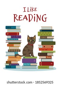 Cat sitting on a stack of books. Vector illustration - I like reading