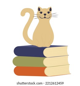The cat is sitting on a stack of books. Cozy home illustration. Literature. Home library. Vector stock illustration. Hygge.