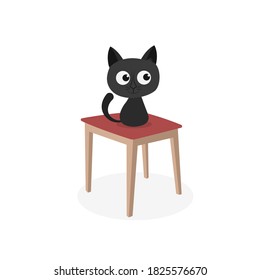 Cat sitting on the stool. Vector illustration of pet character on the wooden chair. Flat style