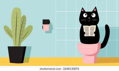 The cat is sitting on the toilet and reading a newspaper.