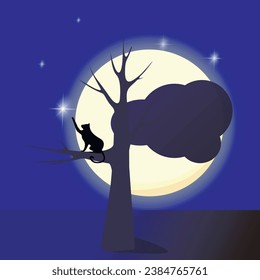 A cat sitting on a tree and catching a star against the backdrop of a huge moon.