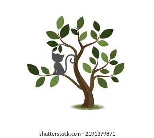 The cat is sitting on a tree. Vector icon.
