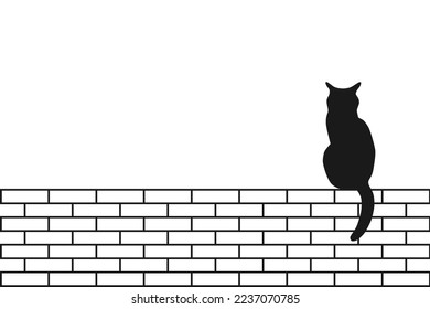 Cat is sitting on the wall. Cat silhouette on brick wall graphic icon. Vector illustration