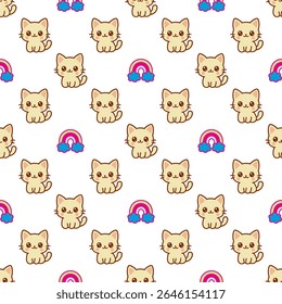 A cat is sitting on a white background with a rainbow and a cloud. There are many cats in the image