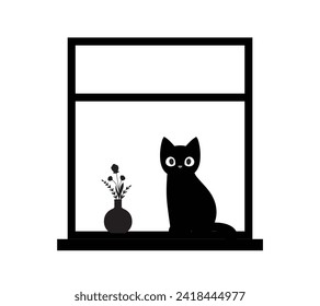 Gato sentado en la ventana junto a la ilustración de un florero aislado en un fondo blanco. Vector de gato negro de silueta. Diseño de gatitos para afiches, pancartas, Halloween.