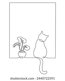 Cat sitting on the window with a flower love abstract line art vector on a white background