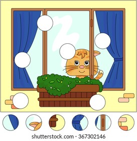 Cat sitting on the window with flower pots and curtains. Complete the puzzle and find the missing parts of the picture. Vector illustration. Educational game for kids