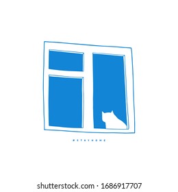 Cat sitting on the window at home looking outside. Vector simple vector. Stay at home concept. Quarantine at home. Hand drawn flat naive illustration of the cat outside the window