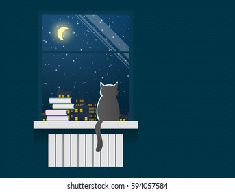 cat sitting on the window and looking at the starry sky