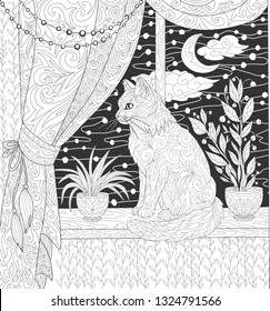 Cat is sitting on the window. Outside the moon night and snowflakes. Coloring book page with a kitten in the interior.