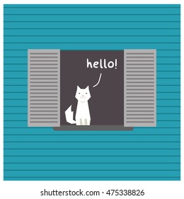 Cat Sitting On A Window Saying Hello (Line Art in Flat Style Vector Illustration Design)
